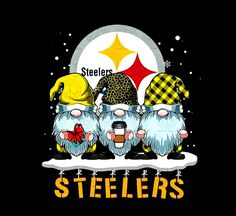 three gnomes sitting on top of each other in front of a pittsburgh football logo