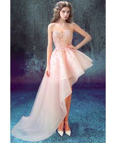 Buy Unique Pink Side High Low Homecoming Dress With Floral Beading Top at wholesale price online. Free shipping and pro custom service since 2009. Pearl Applique, Unique Homecoming Dresses, High Low Prom Dress, Pink Ball Gown, Elegant Cocktail Dress, Strapless Prom Dresses, Unique Dress, Evening Dress Fashion, Bandeau Dress