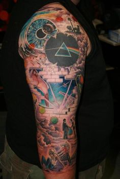 a man with a tattoo on his arm that has pictures and symbols all over it