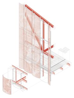 an architectural drawing of a room divider with red and white lines on the walls