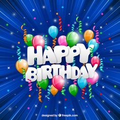 happy birthday with balloons and streamers on blue rays background for greeting card or poster