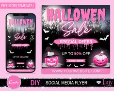 halloween sale flyer with pink and black background