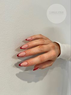 Red almond french Red Nails Design French, Almond Nails Dark Red French Tip, French Tip For Almond Nails, French Tips Burgundy, Red Tips Almond Nails, Red Tip Gel Nails, Upside Down French Tip Nails, Wine French Tip Nails Almond, Oval French Nails Colour