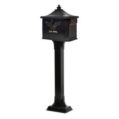 a black mailbox with an eagle on the top and red light at the bottom