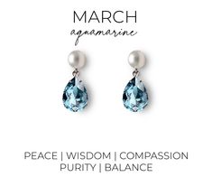 "March birthstone earrings made with sparkly aquamarine crystals and pearls. The aquamarine gemstone symbolizes peace, wisdom, compassion, purity, and balance. DETAILS: - Made with crystal stones (color: aquamarine) - Available in silver, gold, or rose gold - 7/8\" length - 1/2\" width - Lightweight, easy to wear - Nickel and lead free - Securely packaged in a signature gift box - Easy returns PACKAGING: Arrives in a custom Tigerlilly box, perfect for gifting and storing the jewelry. Printed rec March Birthstone Earrings, Luxury Gemstone Accented Earrings For May Birthstone, Aquamarine Dangle Earrings, Aquamarine Drop Earrings, Aquamarine Birthstone, Turquoise Drop Earrings, Aquamarine Earrings, Turquoise Crystal, Birthstone Earrings