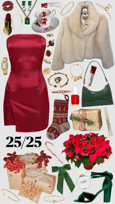 a woman's christmas outfit and accessories are shown