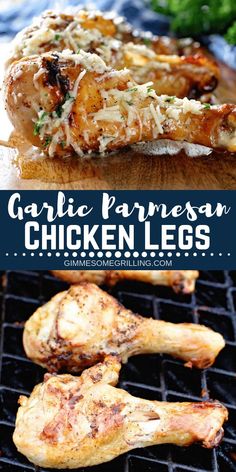 grilled chicken legs with parmesan cheese on top and the title text overlay reads garlic parmesan chicken legs