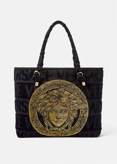 In a terry towelling material, this Versace tote bag features a tonal logo and a crystal-embellished Medusa, ideal for storing beach or pool essentials. Versace Tote Bag, Pool Essentials, Versace Bag, Craft Tote Bag, Versace Home, Fabric Tote, Terry Towel, Beach Tote, Versace Men