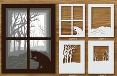 the silhouettes of trees and animals are shown in this window sill cutout