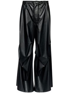 black faux leather belt loops draped design wide leg two side slit pockets two rear patch pockets long length Designer Drapes, City Dress, Mm6 Maison Margiela, Summer Beach Wear, Good Brands, Black Faux Leather, Long Length, Bottoms Pants, Women Collection