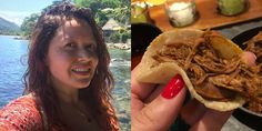 a woman holding a taco in her hand next to a photo of the ocean