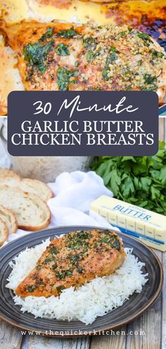 garlic butter chicken breast on top of white rice with spinach and bread in the background