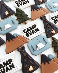 decorated cookies with camp evan and trees on them