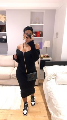 Fall Outfit With Jordans, Dress And Sneakers Black Woman, Jordan Sneaker Outfits Women, Sneaker Work Outfits Women Winter, Dress And Sneakers Winter Outfit, Jordan 1 Date Night Outfit, Jordan Work Outfits, Jordans Dress Outfits, Dresses With Jordan 1 Outfit