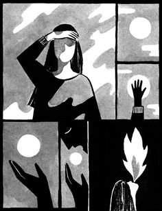 a black and white drawing of a woman looking out a window at the night sky