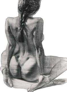 a drawing of a naked woman sitting on the floor with her back to the camera