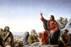 a painting of jesus talking to people in the wilderness, with his hand raised up