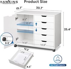 an image of a white cabinet with drawers and measurements for the drawer size, shown in blue