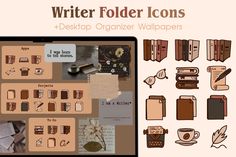 a computer screen with different types of items on it and the words writer folder icons