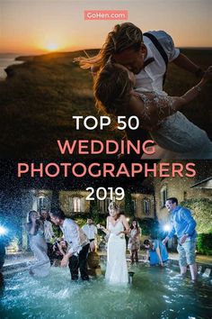 the cover of top 50 wedding photographers 2019 by golden images, featuring an image of a bride and groom dancing in water