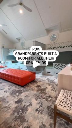 the room has two chairs and a couch with speech bubbles above it that say grandparents built a room for their grandkids