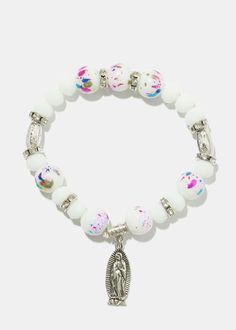 Virgin Mary dangle charm with gorgeous assorted beads Stretchy sturdy band for a comfortable fit Spiritual Polished Beads Bracelets, Spiritual Stretch Bracelet With 8mm Beads, Spiritual White Beaded Charm Bracelet, White Rosary Bracelet With Colorful Beads, Adjustable White Charm Bracelet With 8mm Beads, Adjustable Dangle Jewelry With Large Beads, Adjustable White Charm Bracelet With Beads, Silver Stretch Bracelet With Large Beads, Adjustable Dangle Jewelry With Polished Beads