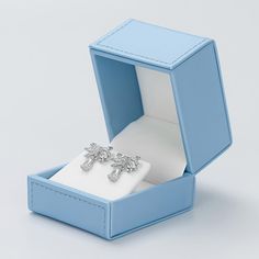 a pair of earrings in a blue box