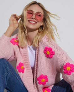 Pink % Fallen Daisy Oversized Knit Cardigan-1 Clementine Flower, Rose Texture, Fall Cardigans, Oversized Knit Cardigan, Pink Floral Print, Oversize Knit, Clothing Details, Pink Cardigan