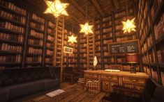 an old library filled with lots of books and stars hanging from it's ceiling