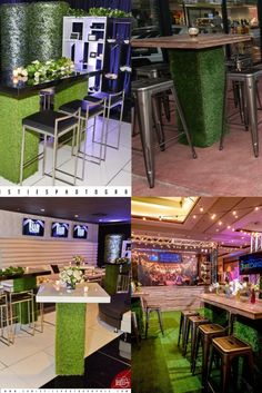 the interior of a restaurant with tables and chairs covered in artificial grass, surrounded by plants