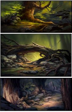 three different views of trees and rocks in the woods with green light coming from them