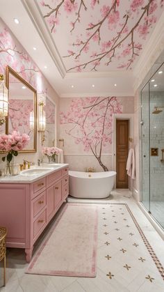 Girly Bathroom Decor Girly Bathroom Inspiration, Coquette Bathroom Decor Ideas, Cute Girl Bathroom Ideas, Cherry Blossom Bathroom Decor Ideas, Pink Girly House, Girly Bathroom Aesthetic, Pink Aesthetic Bathroom, Cherry Blossom Bathroom, Cozy Bathroom Decor