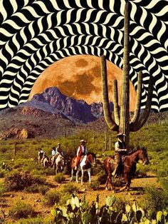 an image of people riding horses in the desert with cactus trees and mountains behind them