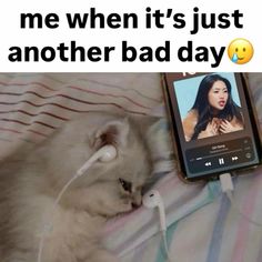 a cat laying on top of a bed next to an mp3 player with the caption me when it's just another bad day