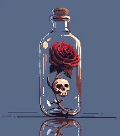 a cross stitch rose in a bottle with a skull on the side and a blue background