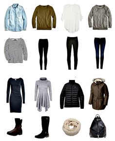 an assortment of clothes and accessories arranged on a white background, including sweaters, jackets, pants, boots, scarves