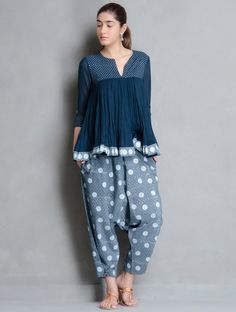 Indigo-White Block Printed Crinkled Flare Cotton Top Womens Dress Pants Outfits, Outfits Trousers, Dress Pants Outfits, Fusion Wear, Trousers White, Salwar Designs, Pants Outfits, Fitted Tee, Designer Dresses Indian