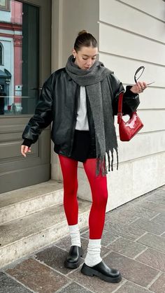 Red tights outfit Red Tights Fall Outfit, Outfit Ideas Tights, Outfit With Colored Tights, How To Style Red Tights, Lader Jackets Outfits, Winter Outfit With Tights, Colour Tights Outfit, Outfits With Colorful Tights, Outfit With Red Tights