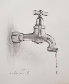 a pencil drawing of a faucet with water running from it's spout