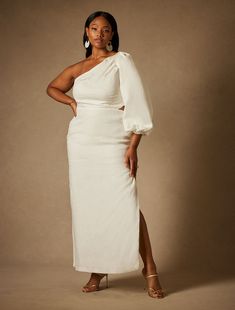 Bridal by ELOQUII One Shoulder Cutout Gown | Women's Plus Size Dresses | ELOQUII Vow Renewal Dress, Short Frocks, Eloquii Dress, Cutout Gown, Nice Night, Plus Size White, One Shoulder Cocktail Dress, Silk Satin Fabric, Fancy Wedding Dresses