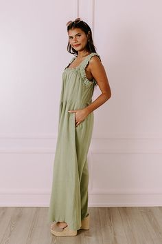 - This flowy jumpsuit is an instant style upgrade! - Unlined material - A ruffled, square cut, elastic neckline - A sleeveless cut featuring 2-inch elastic straps - Functional side pockets - A relaxed jumpsuit silhouette that ends in wide floor length hemlines Measurements S : Bust 36", Hip 44", Inseam 27.5", Length 56", Torso 23", Waist 36". M : Bust 38", Hip 46", Inseam 27.5", Length 56", Torso 23.5", Waist 38". L : Bust 40", Hip 48", Inseam 28", Length 56.5", Torso 24", Waist 40". Flowy Jumpsuit, Style Upgrade, Square Cut, Linen Blend, Floor Length, Jumpsuit, Luxury Fashion, Fashion Trends