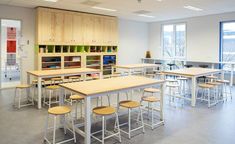 an empty classroom with desks and stools in front of large windows on the wall