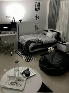 a bedroom with black and white checkered flooring