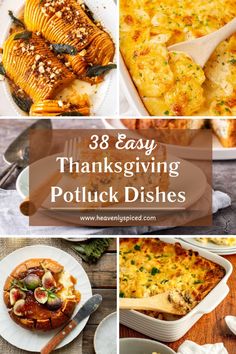 thanksgiving potluck dishes with text overlay