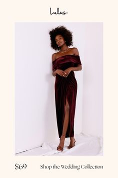 An evening of magic awaits you in the Lulus I'm Enchanted Burgundy Velvet Off-the-Shoulder Maxi Dress! This gorgeous stretch velvet maxi has a folded over off-the-shoulder neckline (with hidden no-slip strips) that continues into short sleeves. High, banded waist flows into an overlapped tulip maxi skirt. Hidden side zipper/clasp. Fit: This garment fits true to size. Length: Floor length. Size medium measures 49.5" from top to bottom. Bust: Great for any cup size. Waist: Fitted - very fitted at natural waist. Hip: Fitted - stretchy fabric allows room for hips. Undergarments: May be worn with a strapless bra, adhesive bra, petals, or no bra. Fabric: Fabric has some stretch. Lined To Mid-Thigh. Dress Measures 9" Longer At Back. Shell: 95% Polyester, 5% Spandex. Lining: 100% Polyester. Hand W Nye Wedding, Green Velvet Dress, Velvet Maxi Dress, Velvet Maxi, Tulip Skirt, Formal Dresses Gowns, Burgundy Velvet, Adhesive Bra, Stretch Velvet