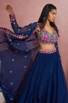 Shop for Aneesh Agarwaal Blue Soft Organza Embroidered Cape And Pleated Skirt Set for Women Online at Aza Fashions Aneesh Agarwaal, Organza Cape, Floral Cape, Pleated Skirt Set, Cape Set, Embroidered Cape, Zardosi Embroidery, Blouse Yoke, Indian Designs