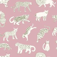 a pink background with white leopards and zebras on it's sides, all in different sizes