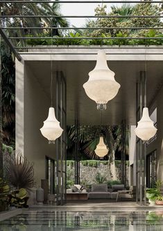 an outdoor living area with several lamps hanging from the ceiling