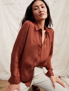 Dillon Classic-Fit Satin Shirt Silk Button Up, Satin Shirt, Hip Length, Satin Fabric, Day Dresses, Workout Shirts, Banana Republic, Button Up Shirts, Shirt Blouses