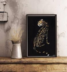 a painting of a cheetah sitting on top of a wooden shelf next to a potted plant